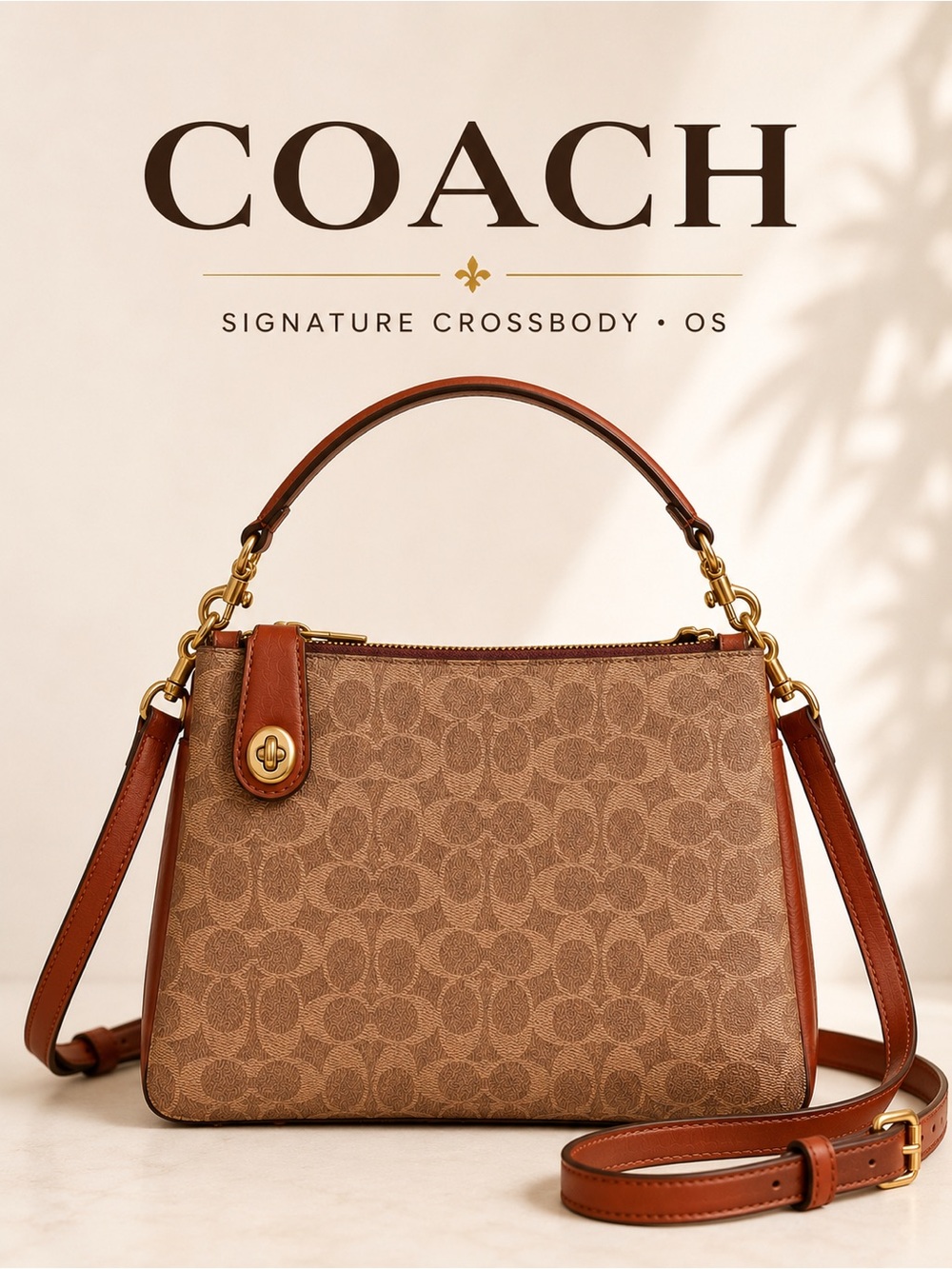 Coach Signature Crossbody Bag Brown Tan Monogram Leather Trim Double Zip